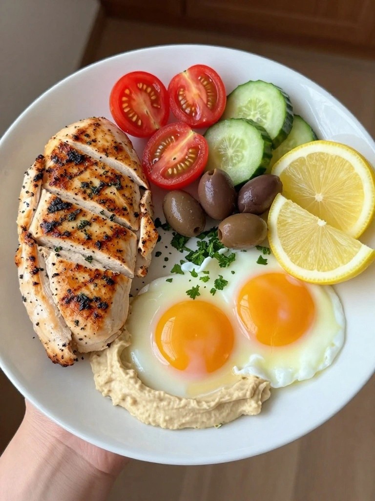 Mediterranean Breakfast Plate with Grilled Chicken, Hummus, and Poached Eggs