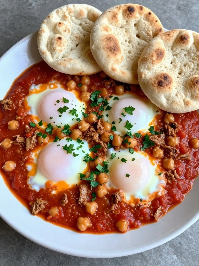 Shakshuka with Ground Turkey, Chickpeas, and Whole Wheat Pita