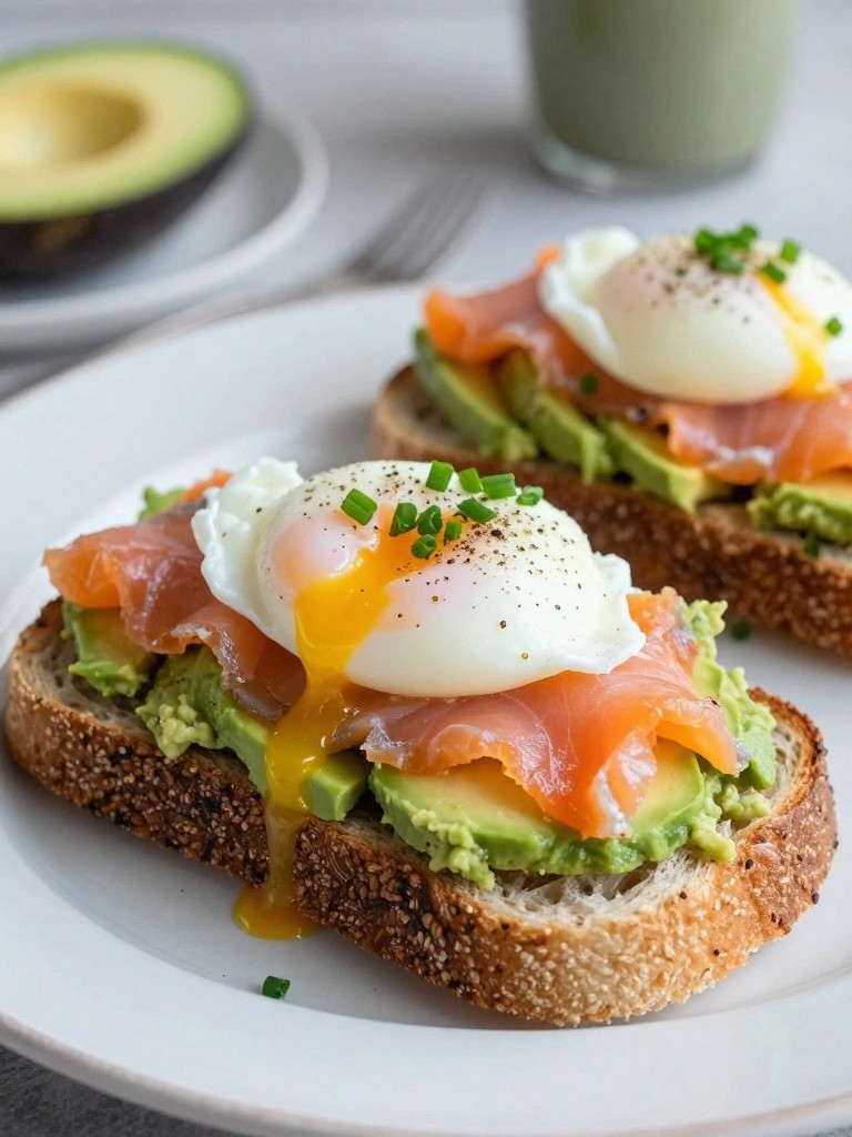 Smoked Salmon Avocado Toast with Poached Eggs and Whole Grain Bread