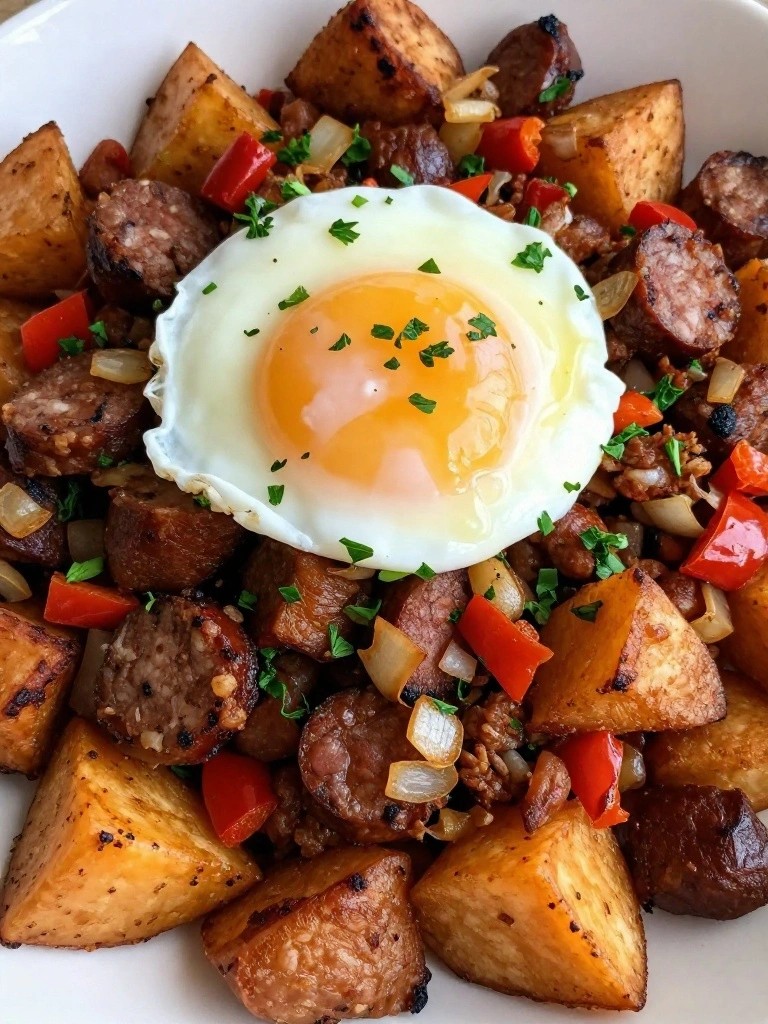 Chorizo and Sweet Potato Hash with Poached Egg
