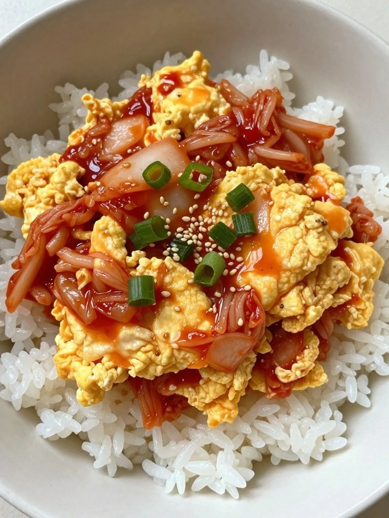 Kimchi Egg Stir-Fry over Steamed Rice