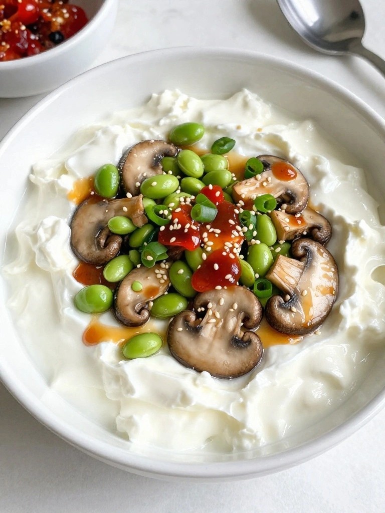 Asian Sesame Cottage Cheese Bowl with Edamame, Scallions, Shiitake Mushrooms, and Chili Crisp