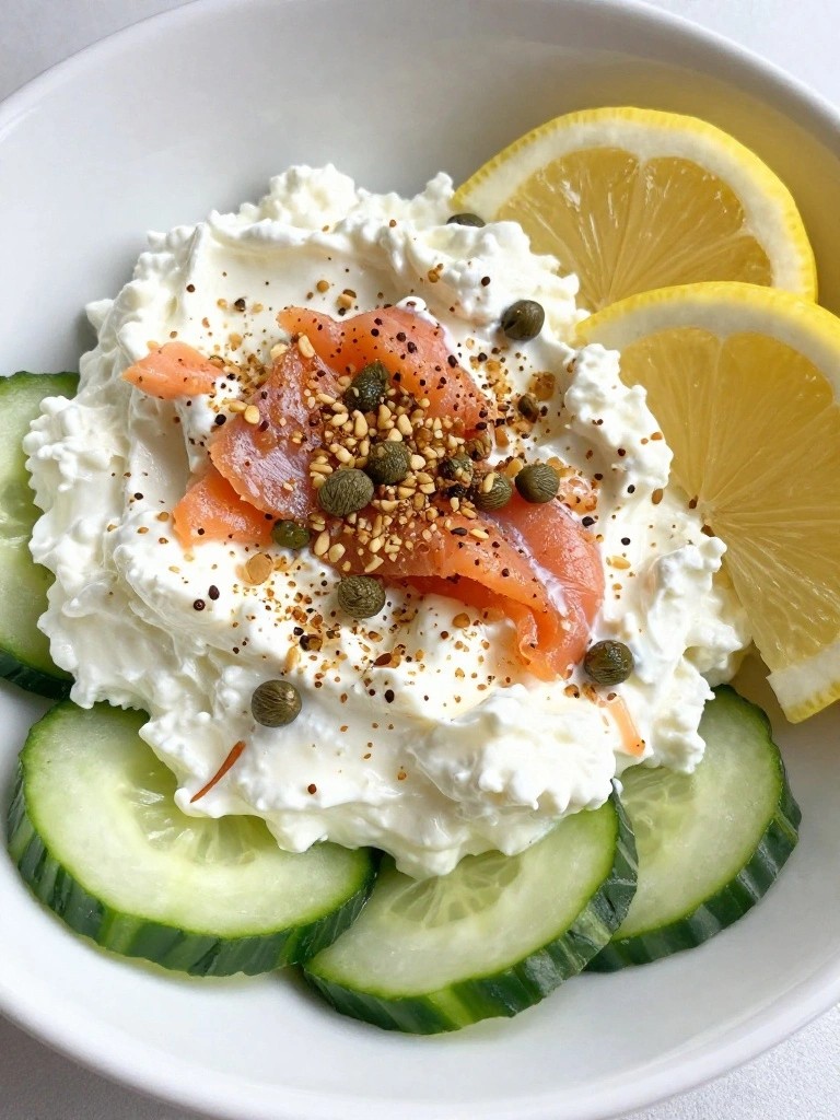 Everything Bagel Cottage Cheese Bowl with Smoked Salmon, Cucumber Ribbons, and Capers