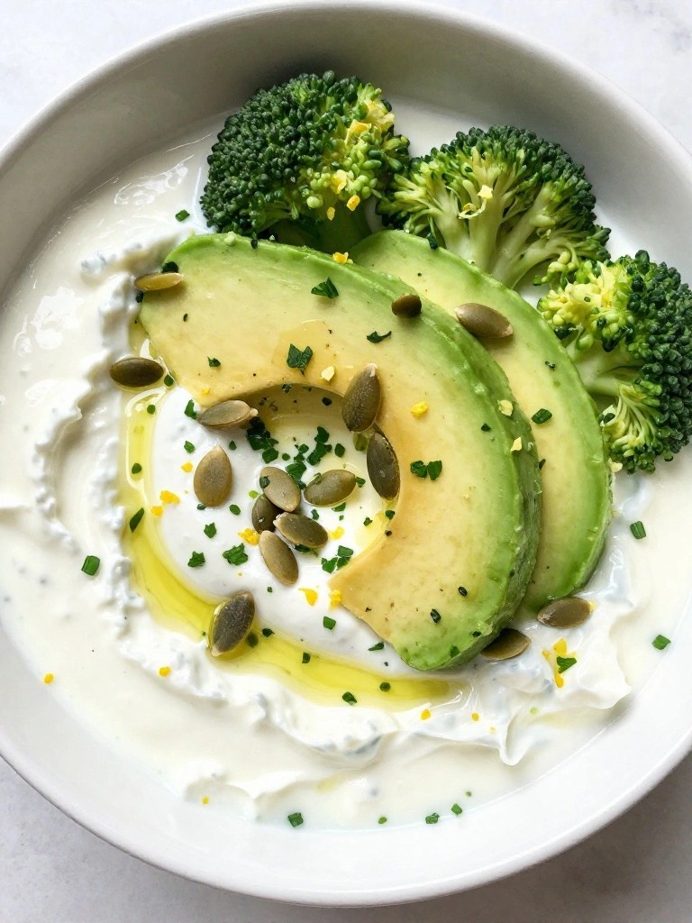 Green Goddess Cottage Cheese Bowl with Avocado, Broccoli, Pumpkin Seeds, and Lemon-Herb Drizzle