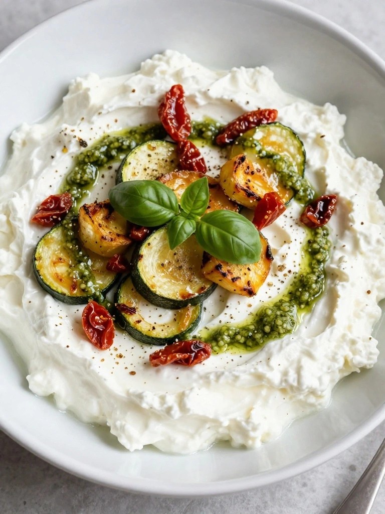 Italian Herb Cottage Cheese Bowl with Roasted Zucchini, Sun-Dried Tomatoes, and Basil Pesto