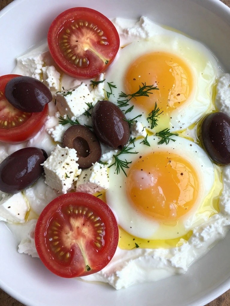 Mediterranean Cottage Cheese Bowl with Feta, Olives, Cherry Tomatoes, and Poached Eggs