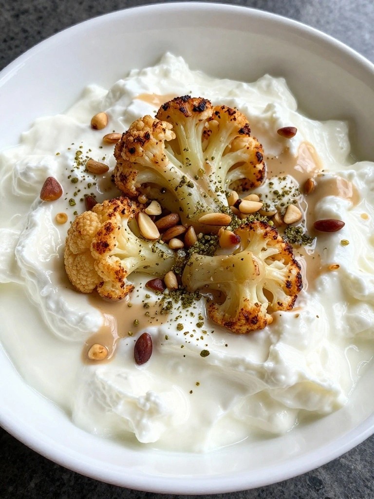 Middle Eastern Cottage Cheese Bowl with Roasted Cauliflower, Tahini, Pine Nuts, and Za’atar