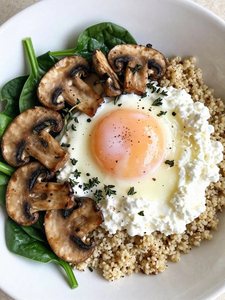 Mushroom and Thyme Cottage Cheese Bowl with Quinoa, Spinach, and Poached Egg