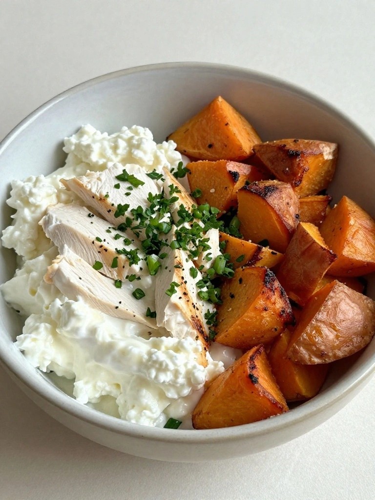 Protein Cottage Cheese Breakfast Bowl with Grilled Chicken, Roasted Sweet Potatoes, and Fresh Herbs