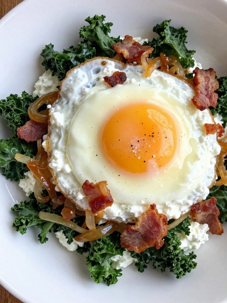 Savory Cottage Cheese Bowl with Caramelized Onions, Sautéed Kale, Crispy Bacon, and Fried Egg