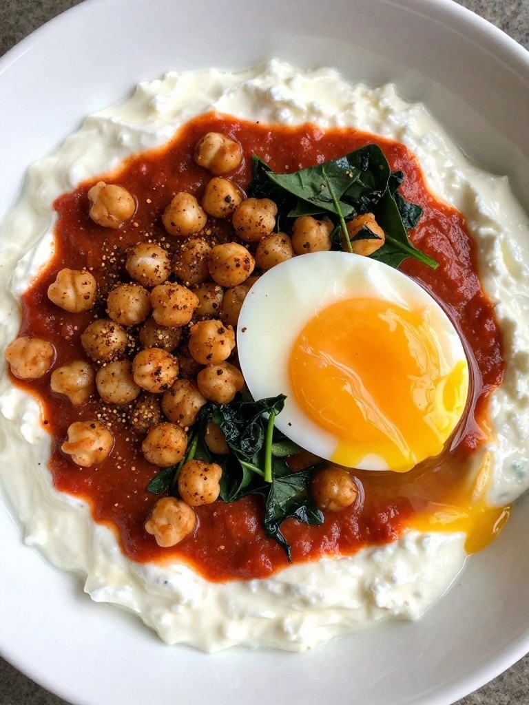 Spicy Harissa Cottage Cheese Bowl with Crispy Chickpeas, Spinach, and Soft-Boiled Egg