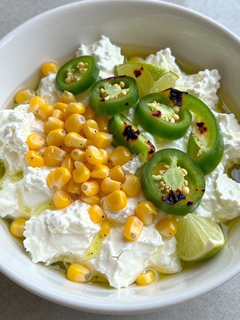 Spicy Southwest Cottage Cheese Bowl with Corn, Jalapeños, Blackened Peppers, and Lime