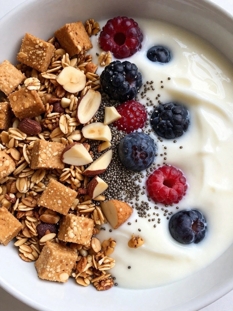 Crispy Tempeh Chia Granola Yogurt Bowl