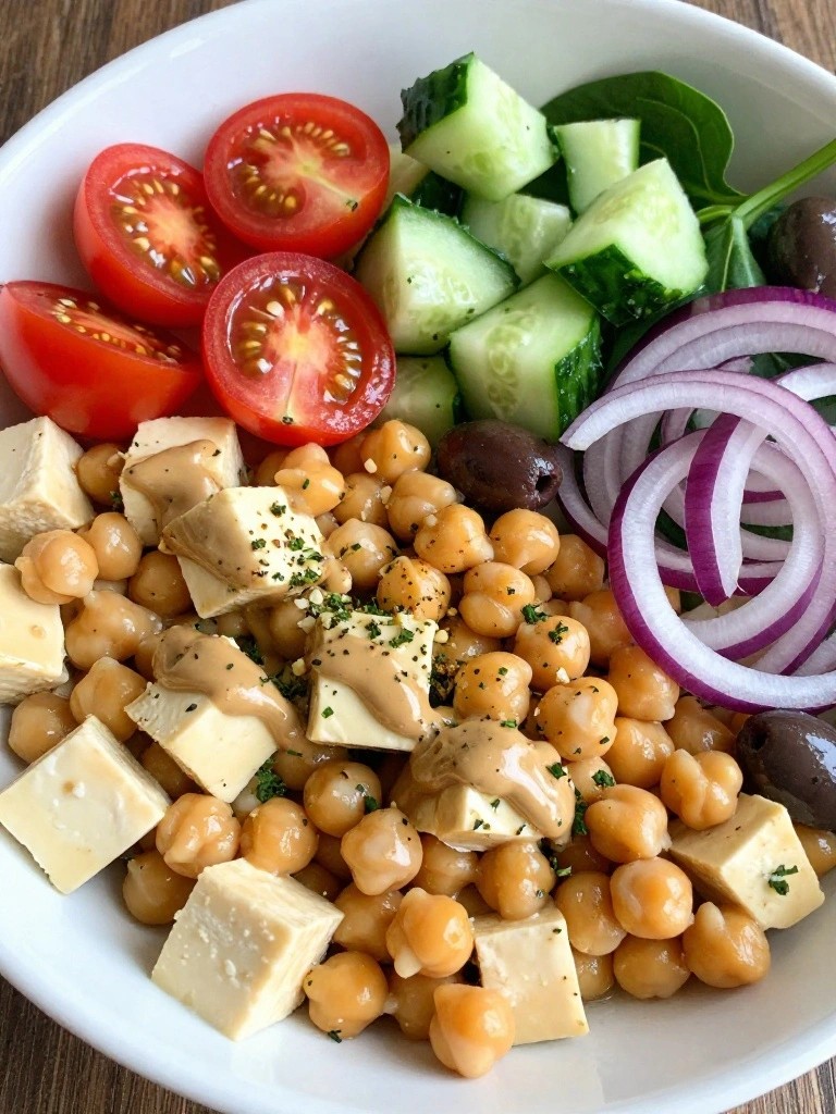 Mediterranean Chickpea Tofu Breakfast Bowl with Tahini Drizzle