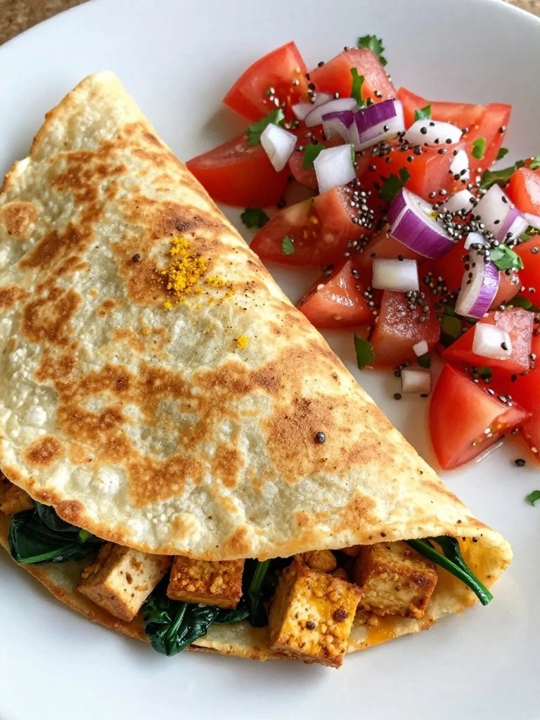 Tofu Spinach Breakfast Quesadillas with Fresh Salsa
