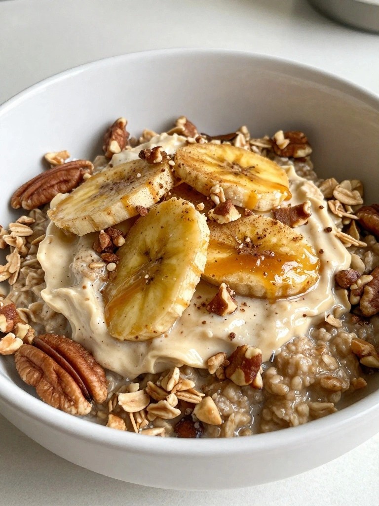 Banana Bread Oatmeal Bowl with Caramelized Bananas and Pecans
