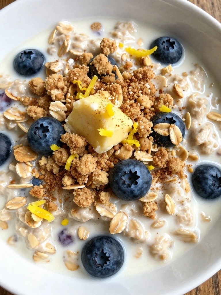 Blueberry Muffin Inspired Oatmeal Bowl with Lemon Zest and Streusel