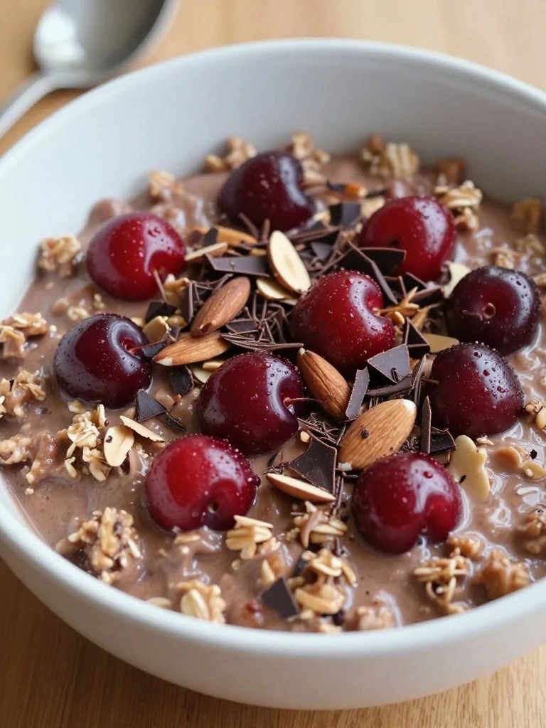 Cherry Almond Chocolate Oatmeal Bowl with Dark Chocolate Shavings
