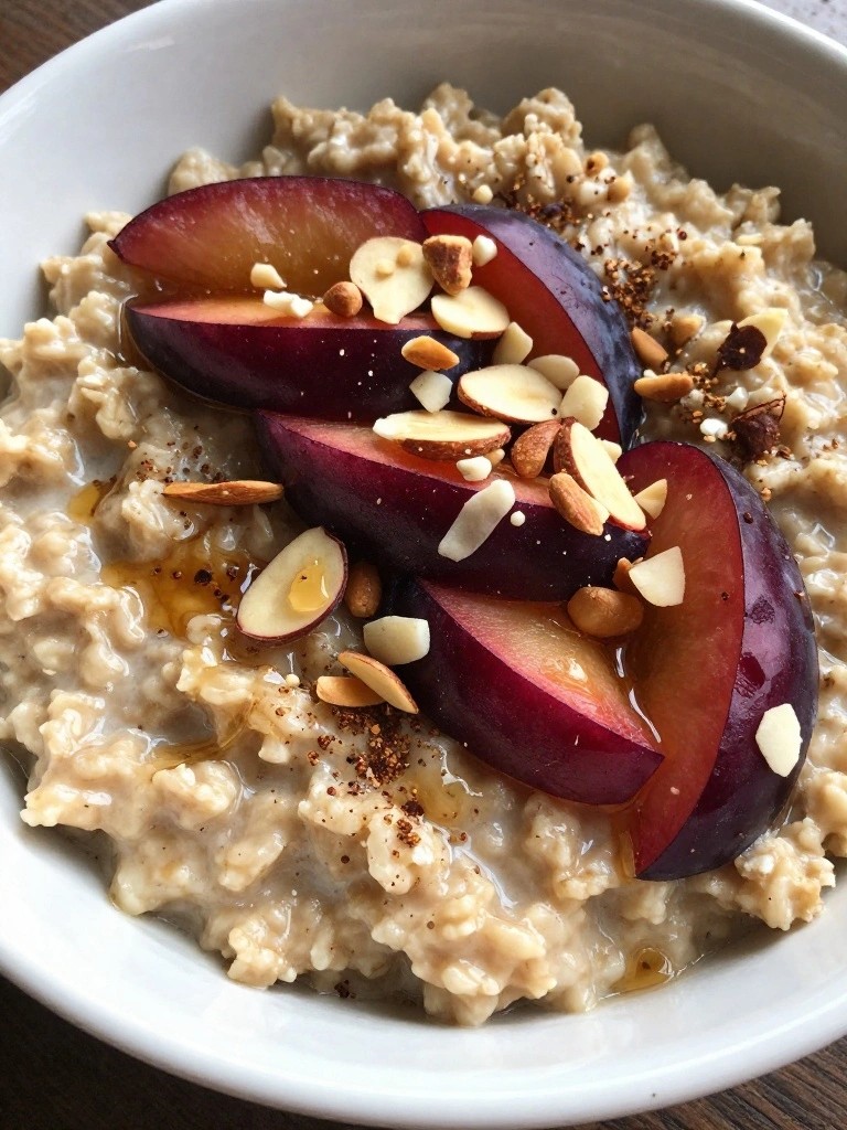 Plum and Cardamom Oatmeal Bowl with Toasted Almonds