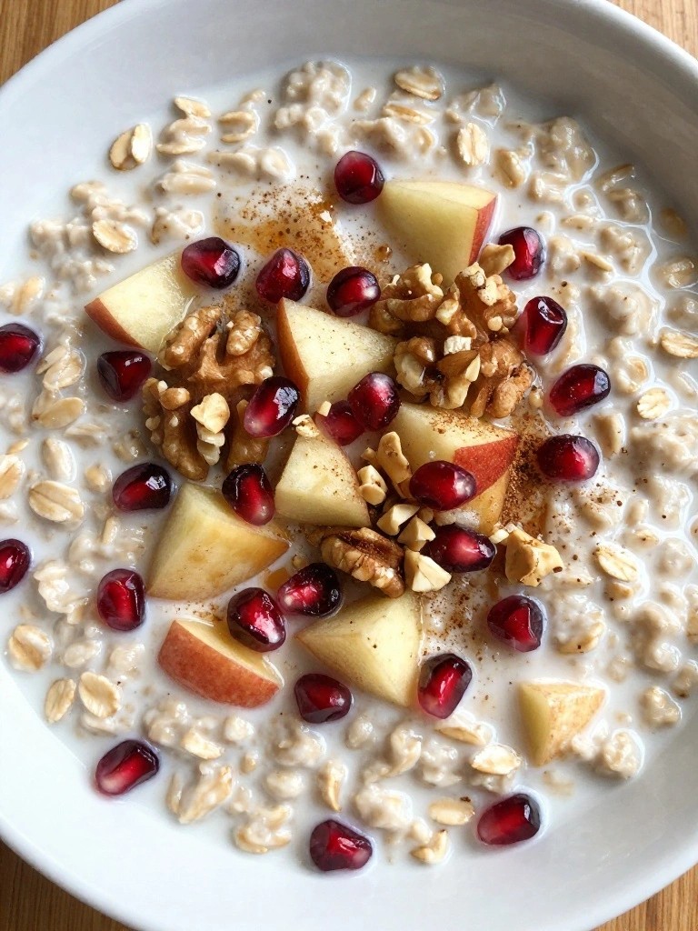 Pomegranate and Apple Oatmeal Bowl with Warm Spices and Walnuts