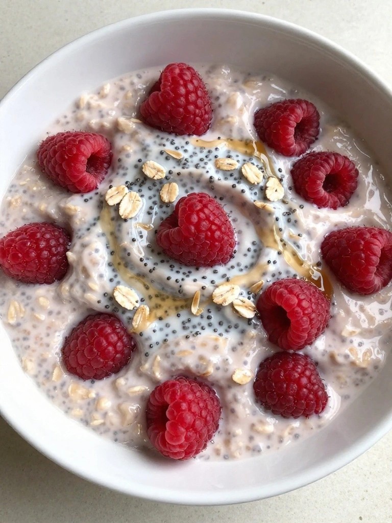 Raspberry Chia Overnight Oats Bowl with Fresh Raspberries