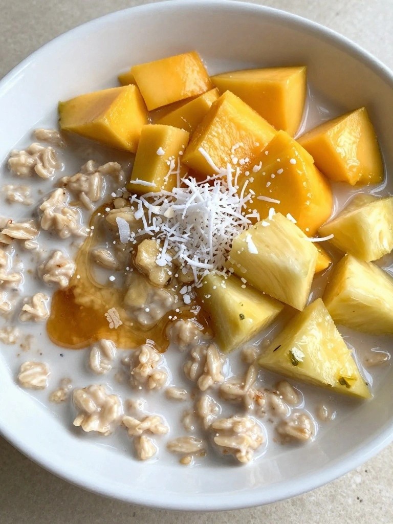 Tropical Mango Coconut Oatmeal Bowl with Fresh Pineapple