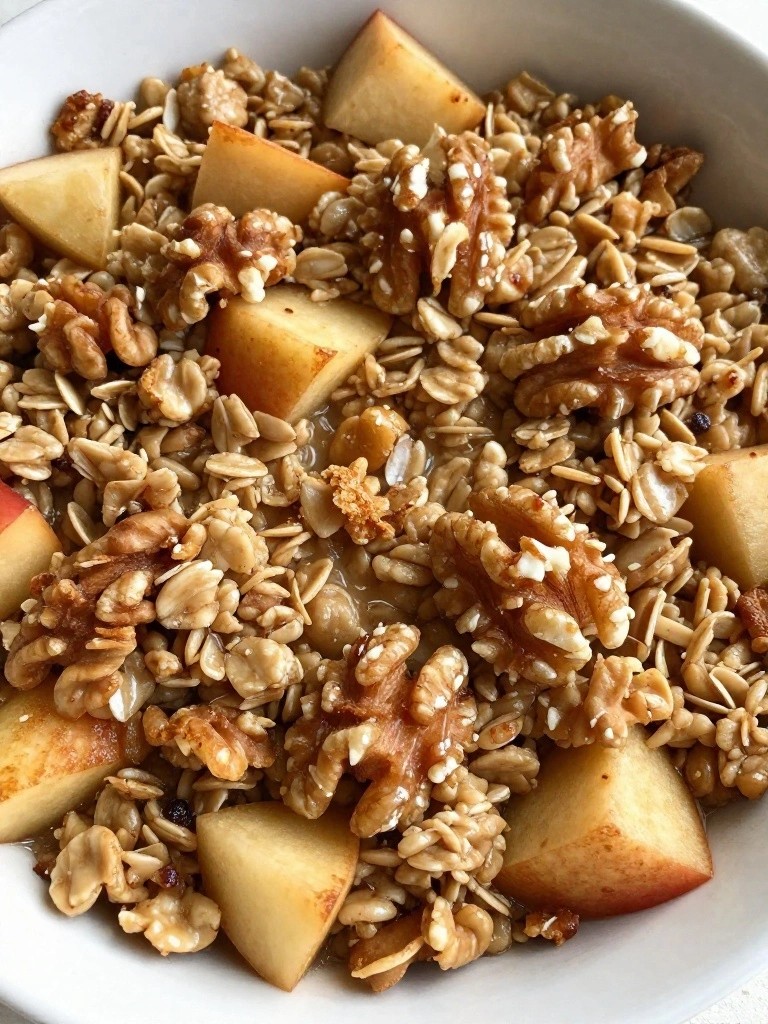 Warm Apple Cinnamon Baked Oatmeal Bowl with Toasted Walnuts
