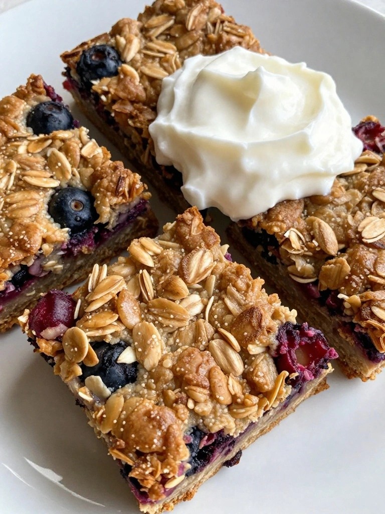 Berry Oat Milk Baked Oatmeal Squares Served with Coconut Yogurt