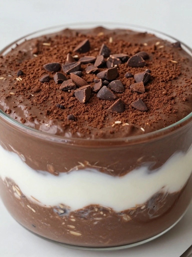 Chocolate Oat Milk Overnight Oats Layered with Coconut Yogurt and Cacao Nibs