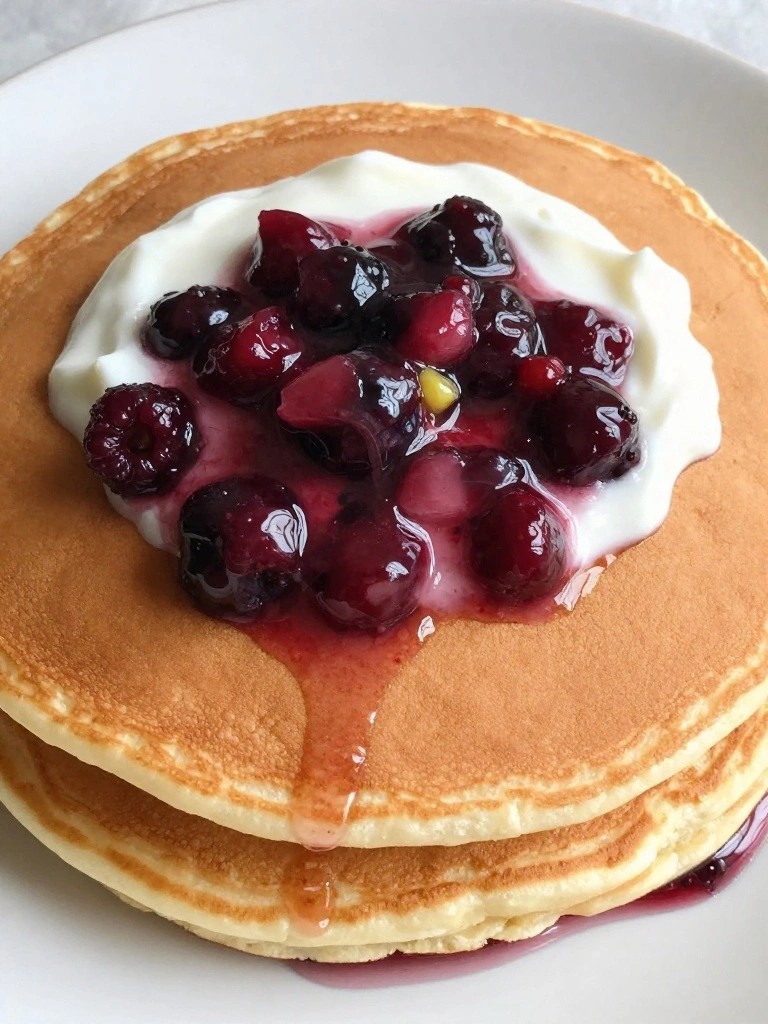 Fluffy Oat Milk Pancakes Served with Coconut Yogurt and Berry Compote