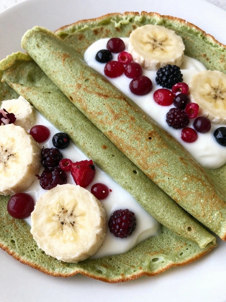 Green Matcha Oat Milk Crepes Filled with Coconut Yogurt and Fresh Fruit