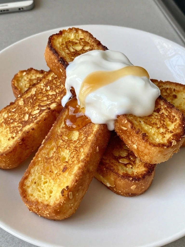 Oat Milk French Toast Sticks Drizzled with Coconut Yogurt and Maple Syrup