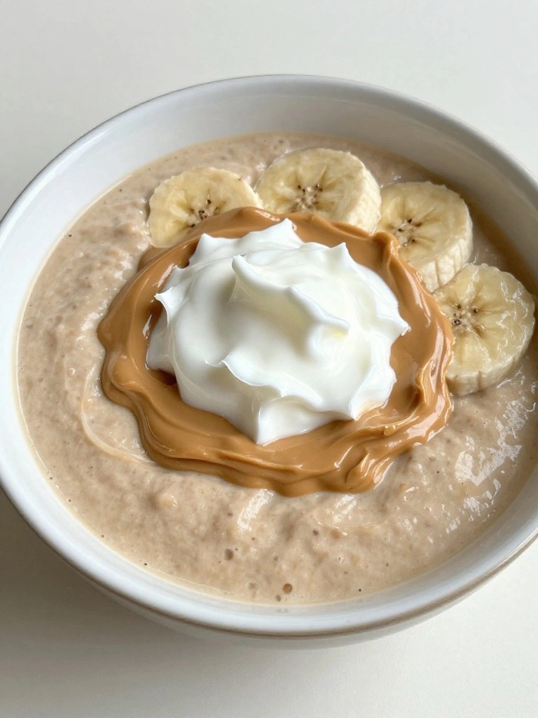 Peanut Butter Oat Milk Protein Shake Bowl Garnished with Coconut Yogurt