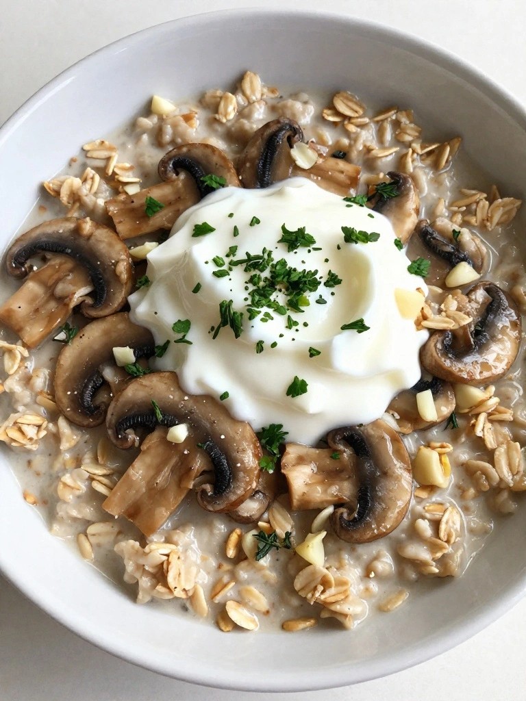 Savory Oat Milk Mushroom and Herb Oatmeal Bowl with Coconut Yogurt