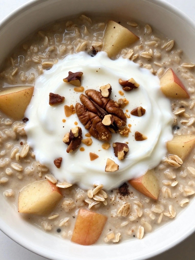 Spiced Apple Oat Milk Porridge Topped with Coconut Yogurt and Pecans