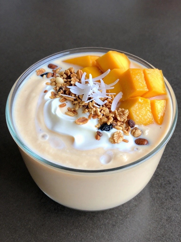 Tropical Mango Oat Milk Smoothie Bowl Swirled with Coconut Yogurt