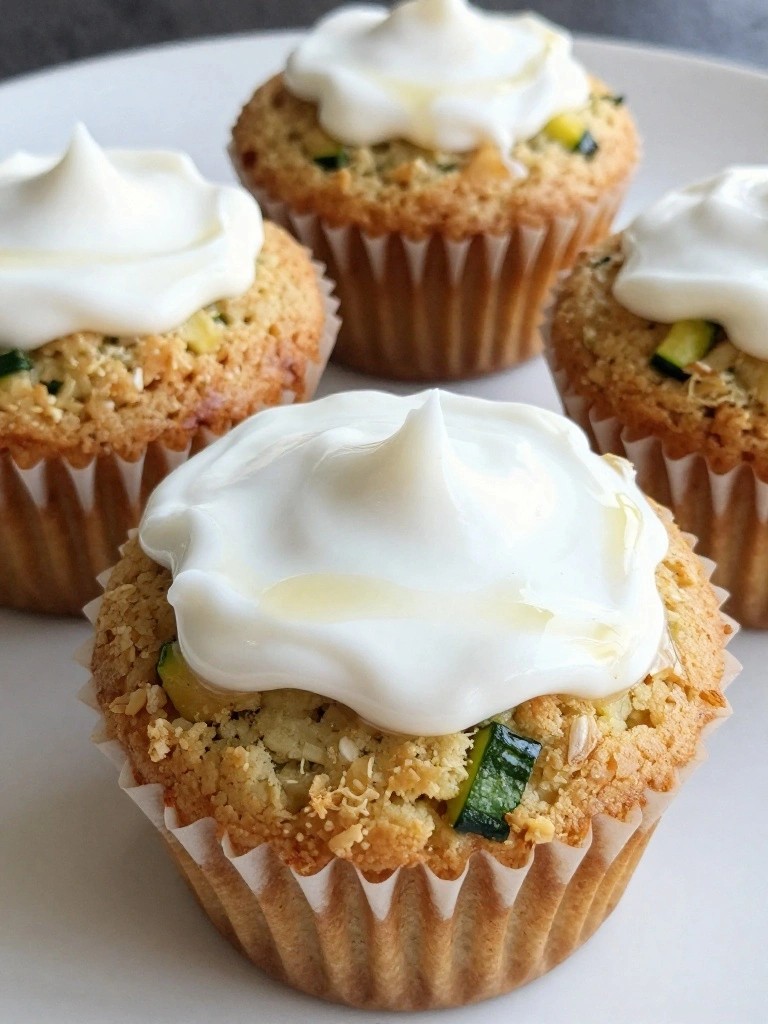 Zucchini Oat Milk Breakfast Muffins Topped with Coconut Yogurt Frosting