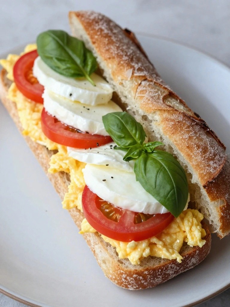 Caprese Egg, Tomato, and Basil Ciabatta Sandwiches