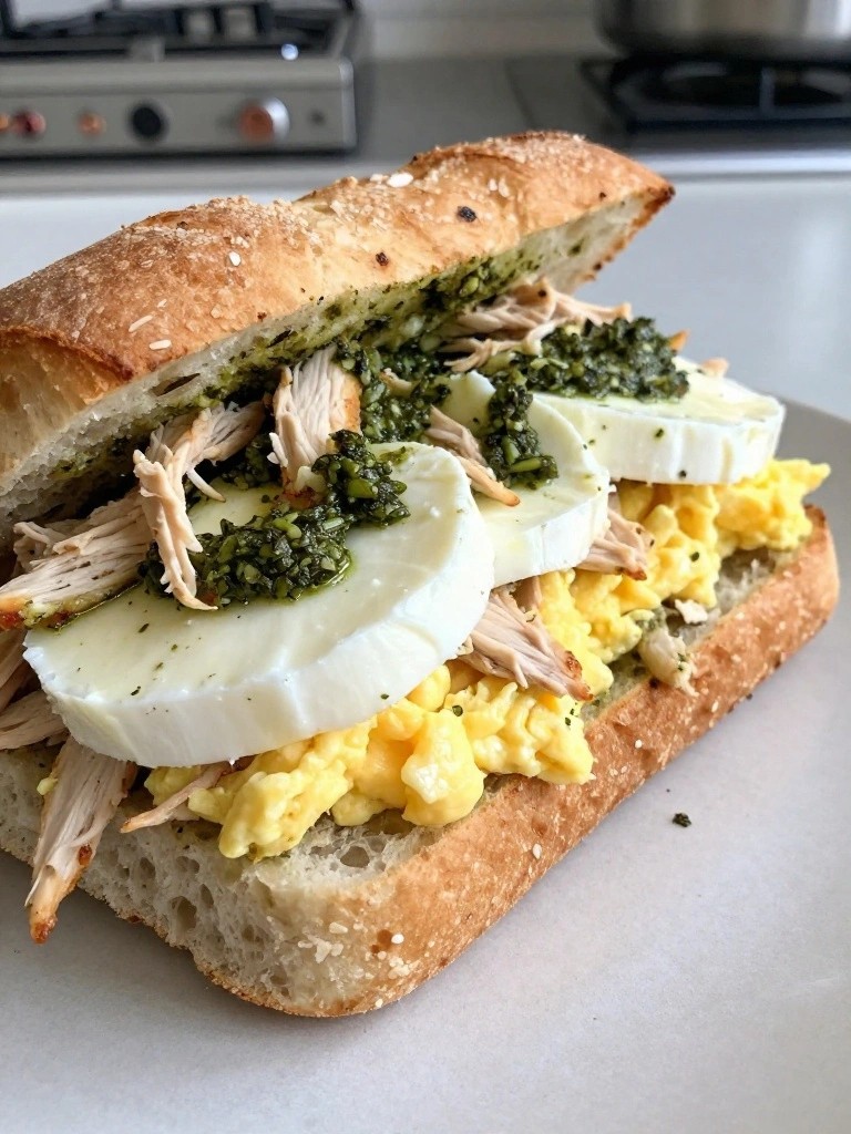 Pesto Chicken, Mozzarella, and Egg Focaccia Sandwiches