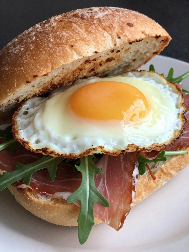 Prosciutto, Arugula, and Fried Egg Brioche Sandwiches