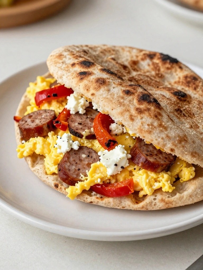 Veggie Sausage, Roasted Red Pepper, and Feta Pitas