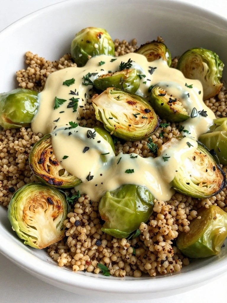 Herbaceous Freekeh Bowl with Roasted Brussels Sprouts, Leeks, and Lemon Tahini