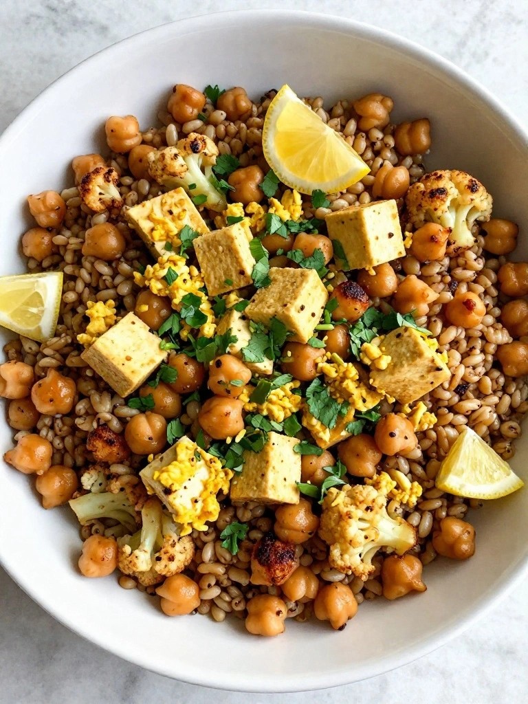 Indian-Spiced Barley Bowl with Roasted Cauliflower, Chickpeas, and Turmeric Scrambled Tofu