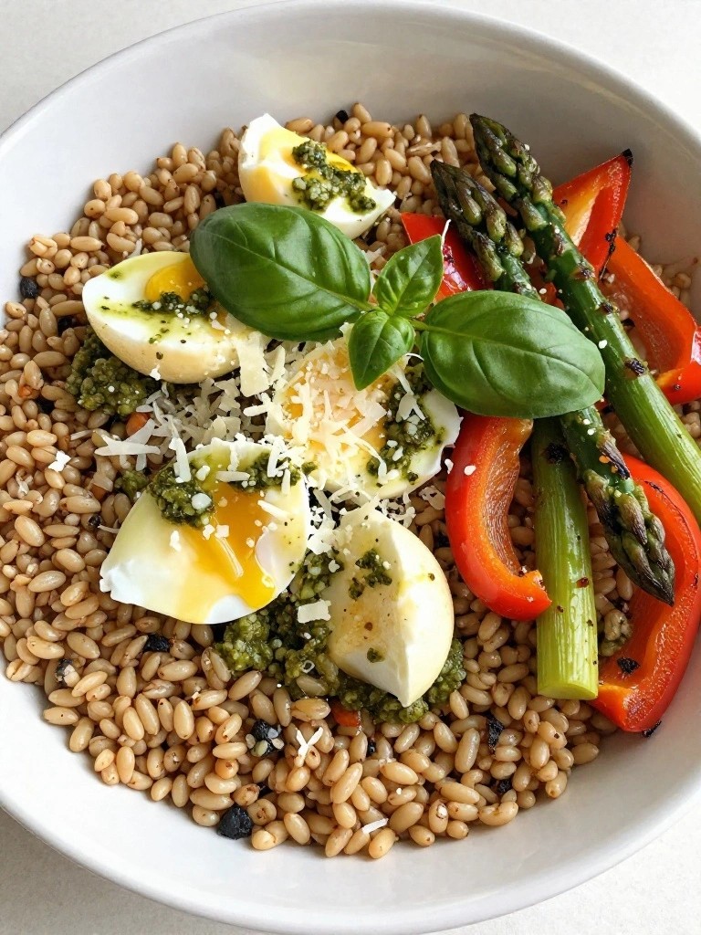 Italian Farro Bowl with Roasted Asparagus, Bell Peppers, and Basil Pesto Eggs