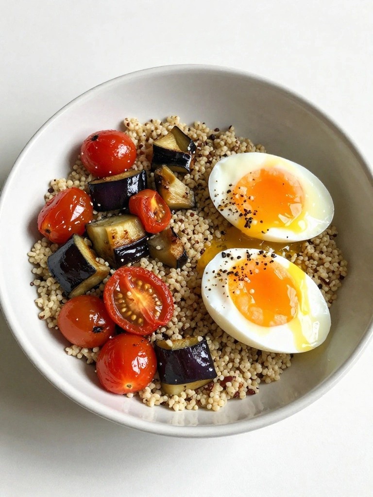 Mediterranean Quinoa Bowl with Roasted Eggplant, Cherry Tomatoes, and Za'atar Poached Eggs