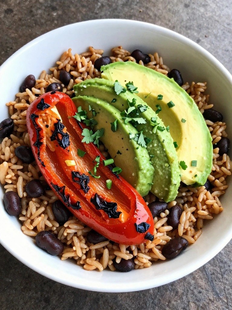 Mexican Brown Rice Bowl with Roasted Poblano Peppers, Black Beans, and Avocado