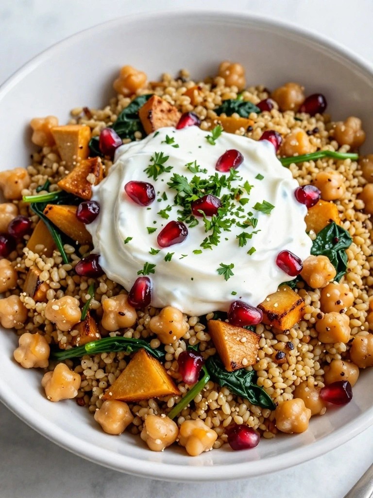 Middle Eastern Bulgur Bowl with Roasted Parsnips, Spinach, and Sumac Yogurt