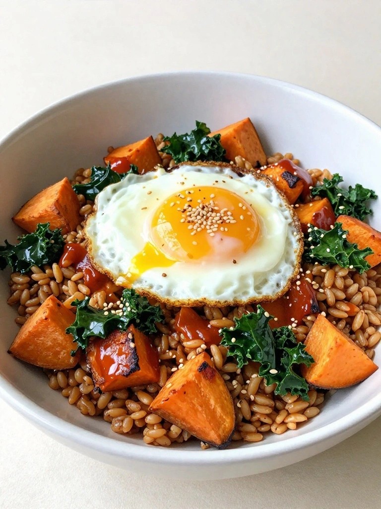 Spicy Gochujang Farro Bowl with Roasted Sweet Potatoes, Kale, and Crispy Fried Egg