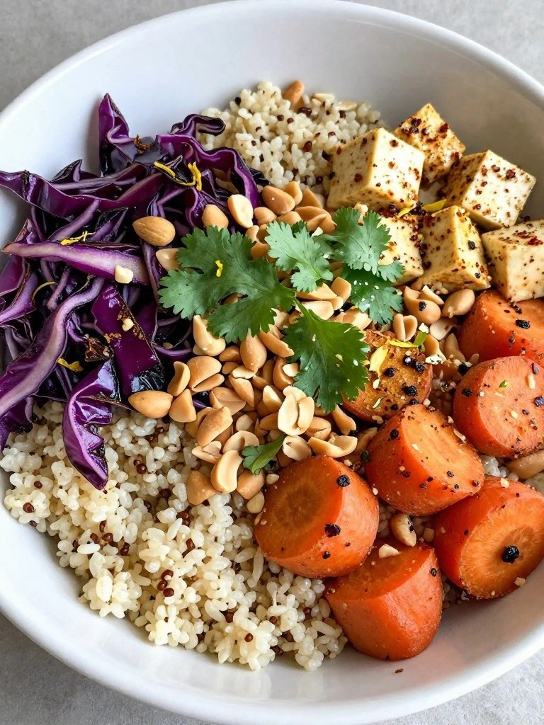 Thai-Inspired Quinoa Bowl with Roasted Red Cabbage, Carrots, and Chili-Lime Tofu