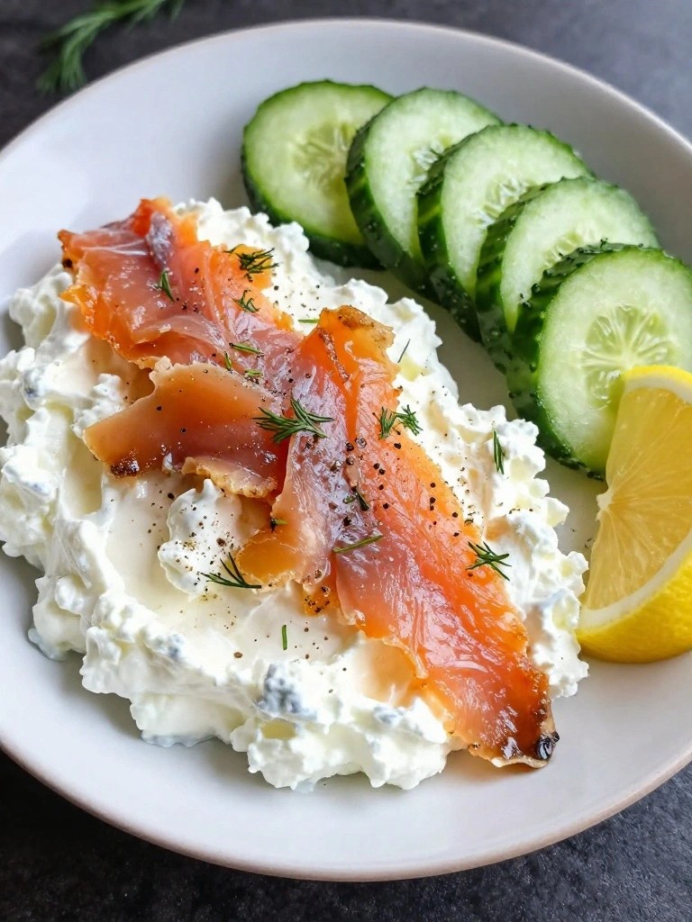 Cottage Cheese Plate with Smoked Trout and Cucumber Slices
